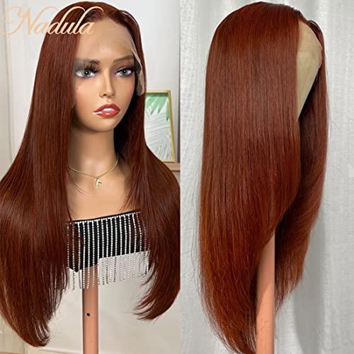Nadula Nadula Reddish Brown 13x4 Lace Front Layered Butterfly Haircut Straight Wig Human Hair for Women,12A Malaysian Silky Straight Transparent Lace Frontal Human Hair Wigs Pre Plucked with Baby Hair 18inch