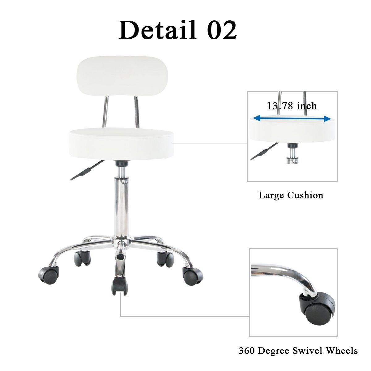 Artechworks Artechworks Adjustable Rolling Swivel Massage Stool for Salon Spa Tattoo Facial Medical Office Chairs with Backrest Wheels and Metal Plate Frame White (1 Pcs)