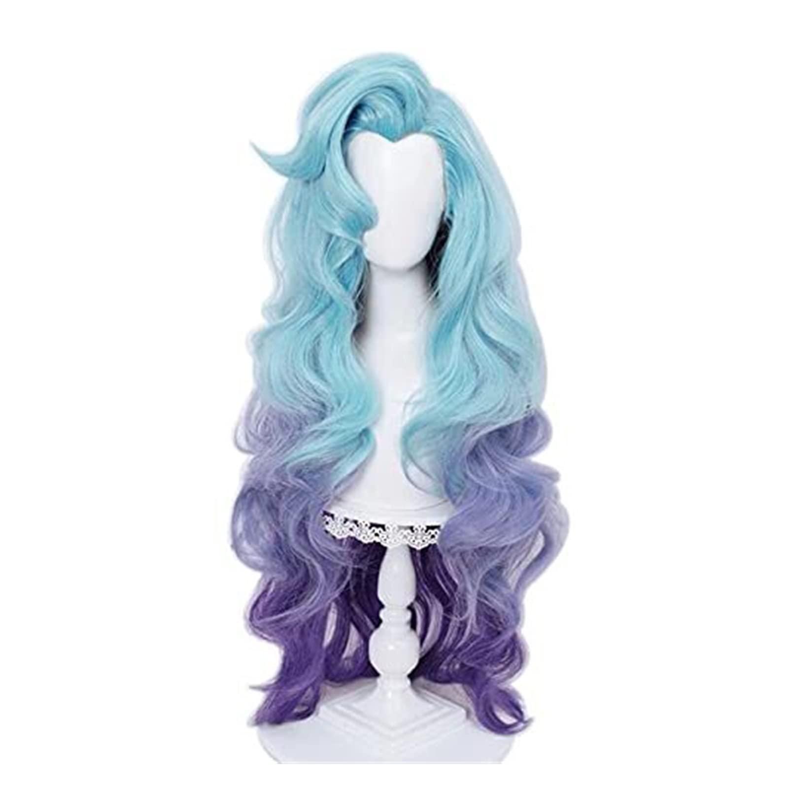 Koswiggle Koswiggle Seraphine Wig Cosplay KDA Gradual Blue Purple Synthetic Hair 95cm Long Curly Wig Body Wave Women Wavy Seraphine Stickers ( Size : Wig Only )
