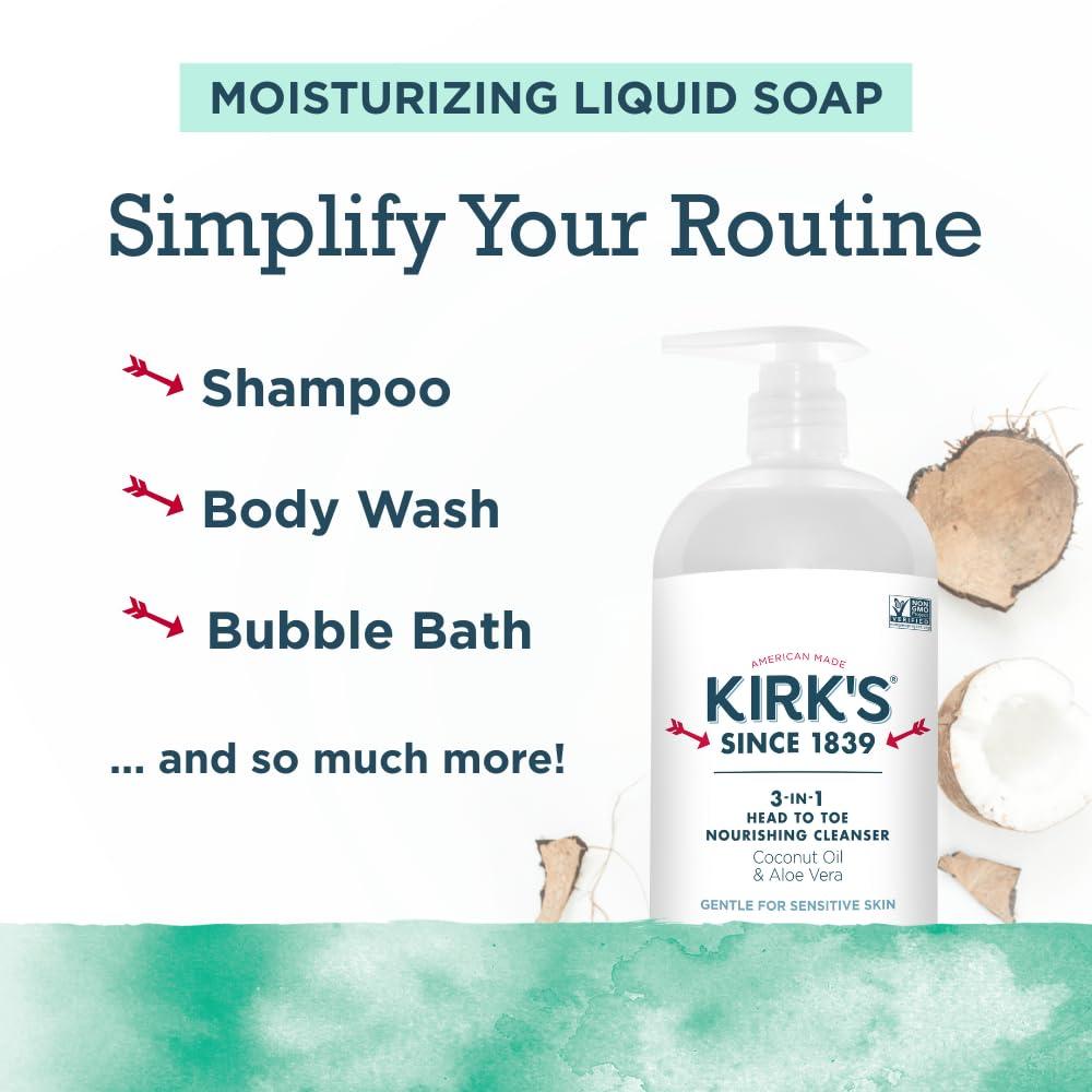 Kirk's Kirk\'s 3-in-1 Head to Toe Nourishing Liquid Cleanser & Travel Size Bar Soap - for Men, Women & Children - Premium Coconut Oil & Aloe Vera- Non GMO & Vegan -Mint & Eucalyptus - 32 Fl Oz