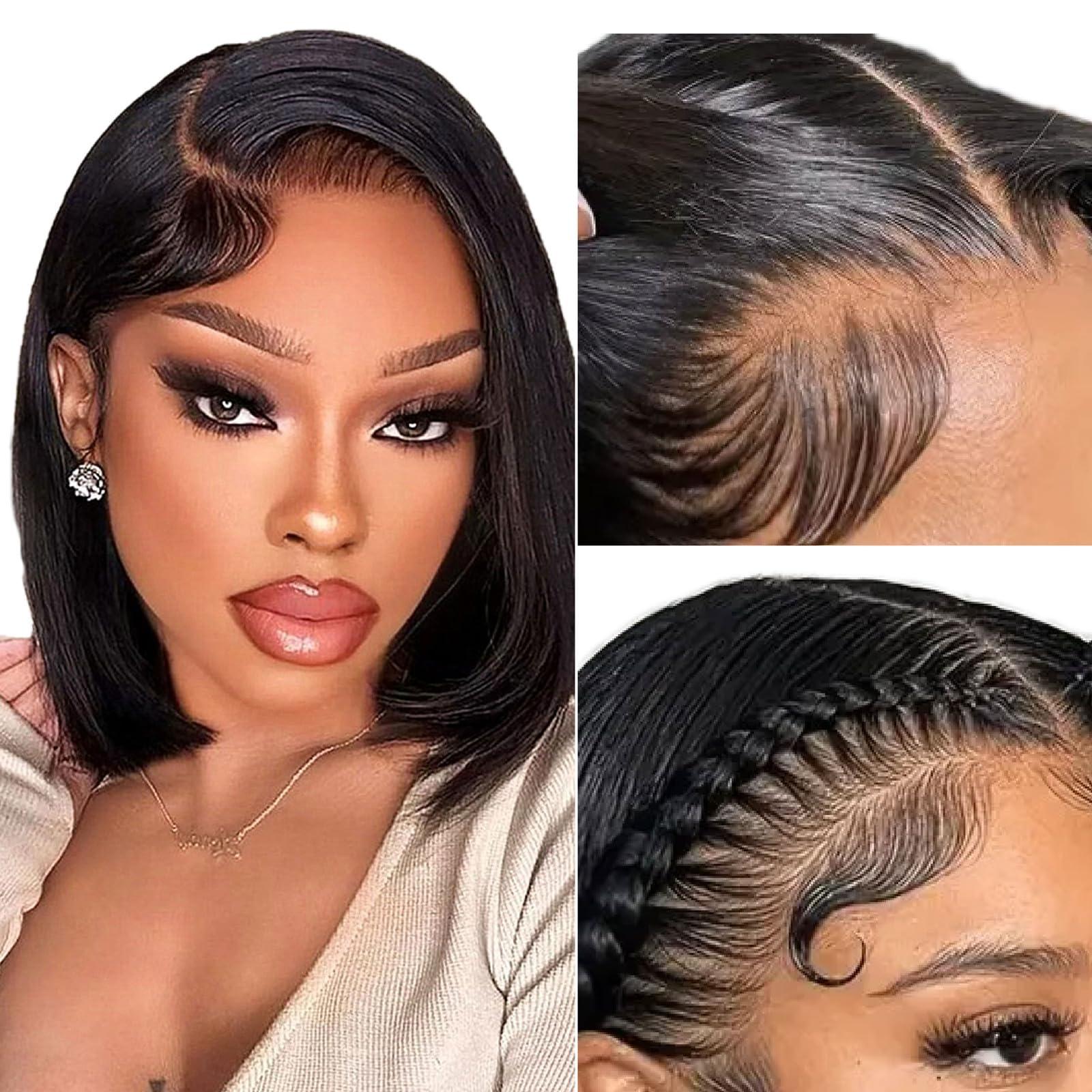 CRYSTALHAIR 10 inch Straight Bob Wig Human Hair, Lace Glueless Front Wigs Human Hair,Highlight Human Hair Bob Wig,Pre Plucked 13x4 HD Lace Front Wigs Human Hair 180% Density Natural Black Wig Human Hair