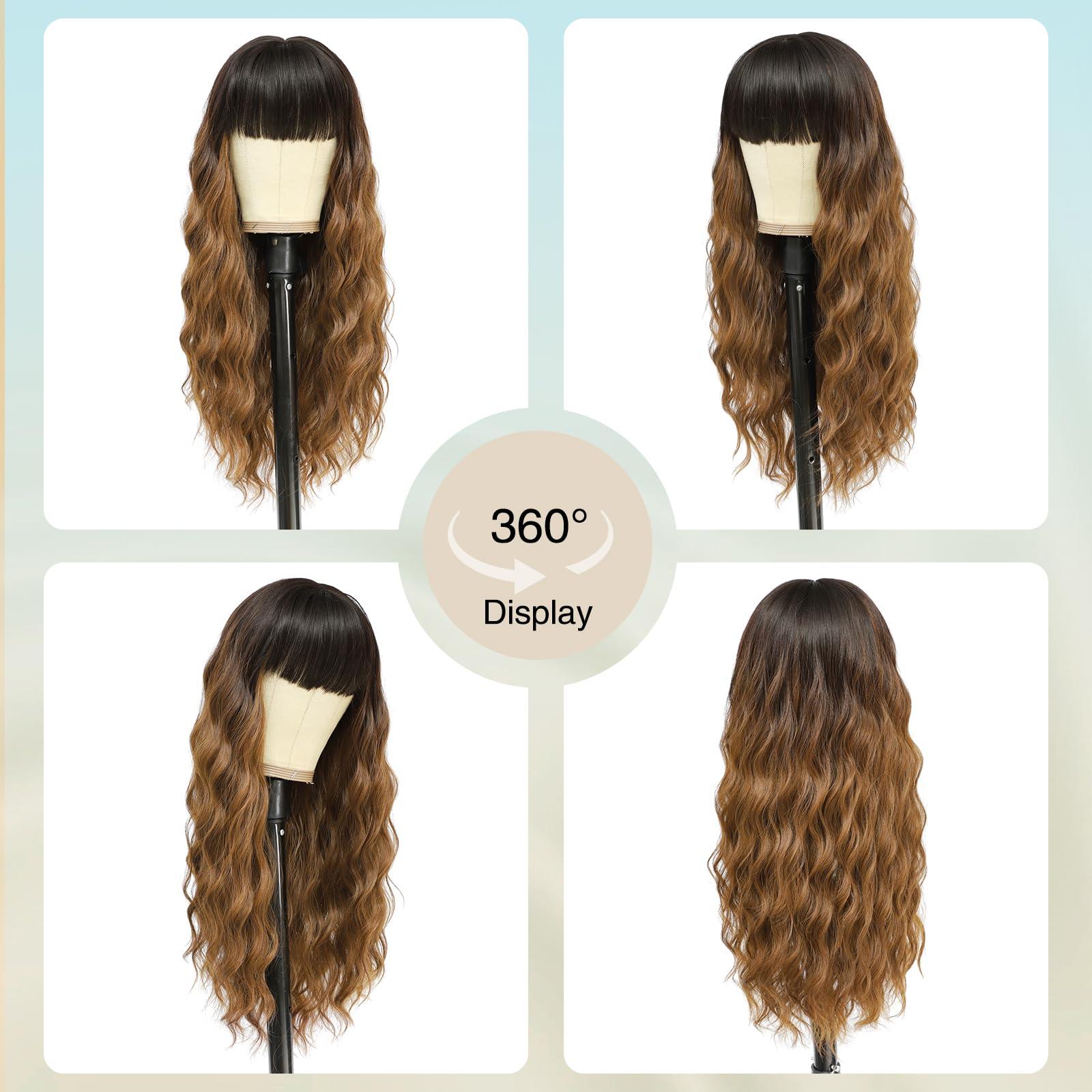 VERNA VERNA Ombre Brown Wig with Bangs, 26 Inch Long Brown Wigs for Women, Natural Looking Brown Curly Wavy Wig, Heat Resistant Brown Hair wig, Middle Part Synthetic Wig for Daily Party Use(Ombre Brown)