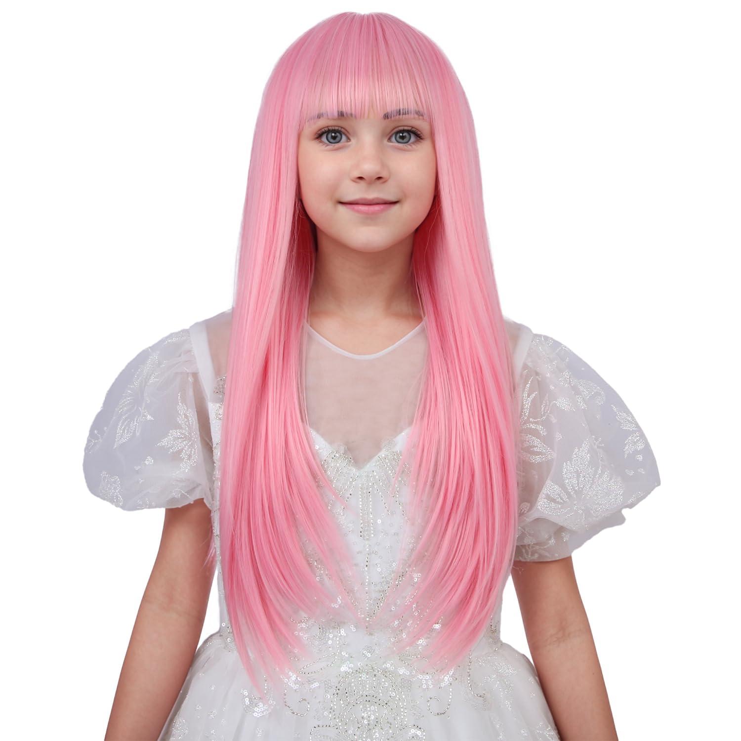 WAVELNM WAVELNM Pink Wigs for Kids Girls Long Light Pink Wig with Bangs Childrens Long Straight Wig Kids Daily Halloween Party Cosplay Wigs