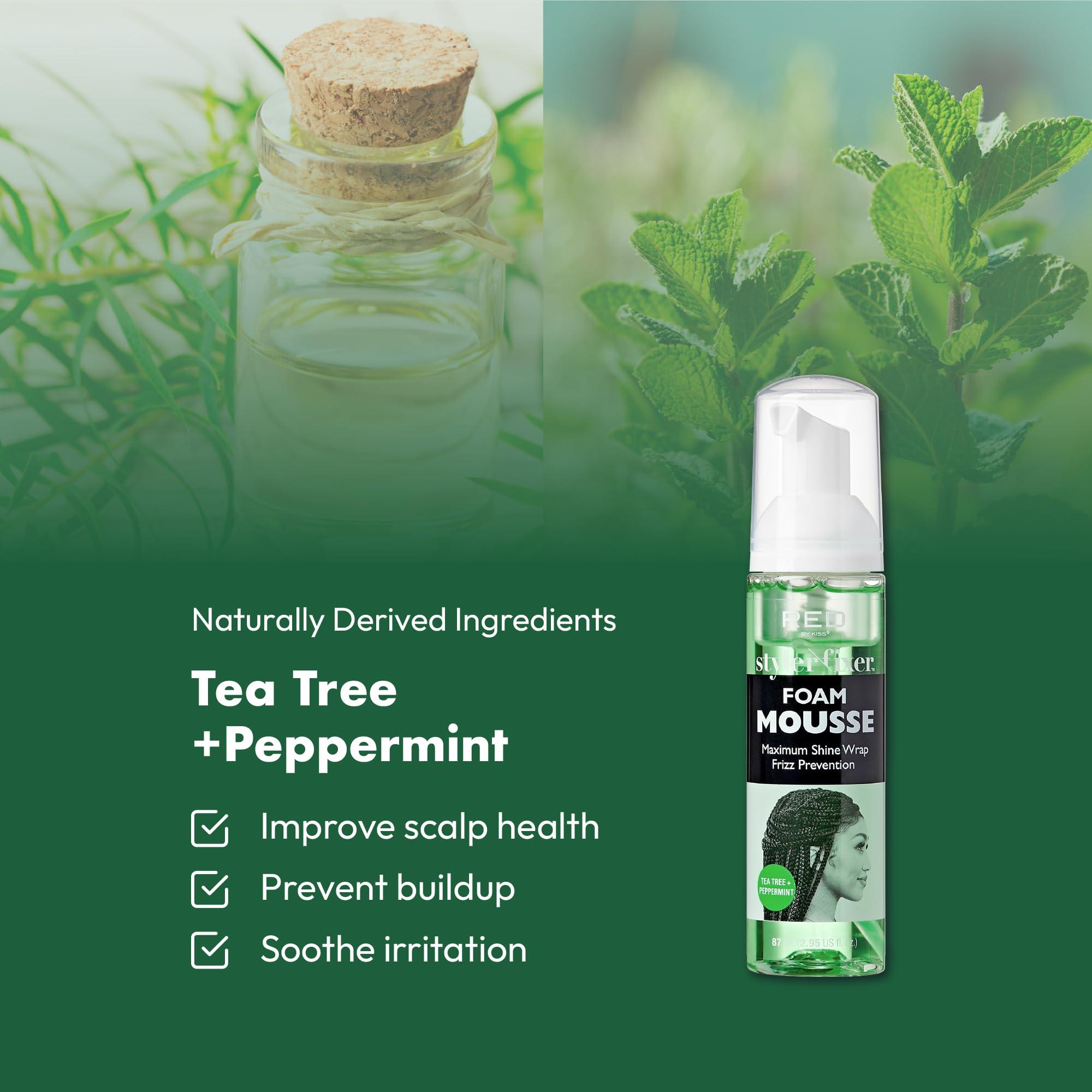 Red by Kiss Red by Kiss Foaming Mini Travel Size Mousse, Maximum Shine Wrap Mousse, Reduce & Prevent Frizz, Define Curls, Hold Styles, Nourishes Dry & Crips Hair (Tea Tree + Peppermint)