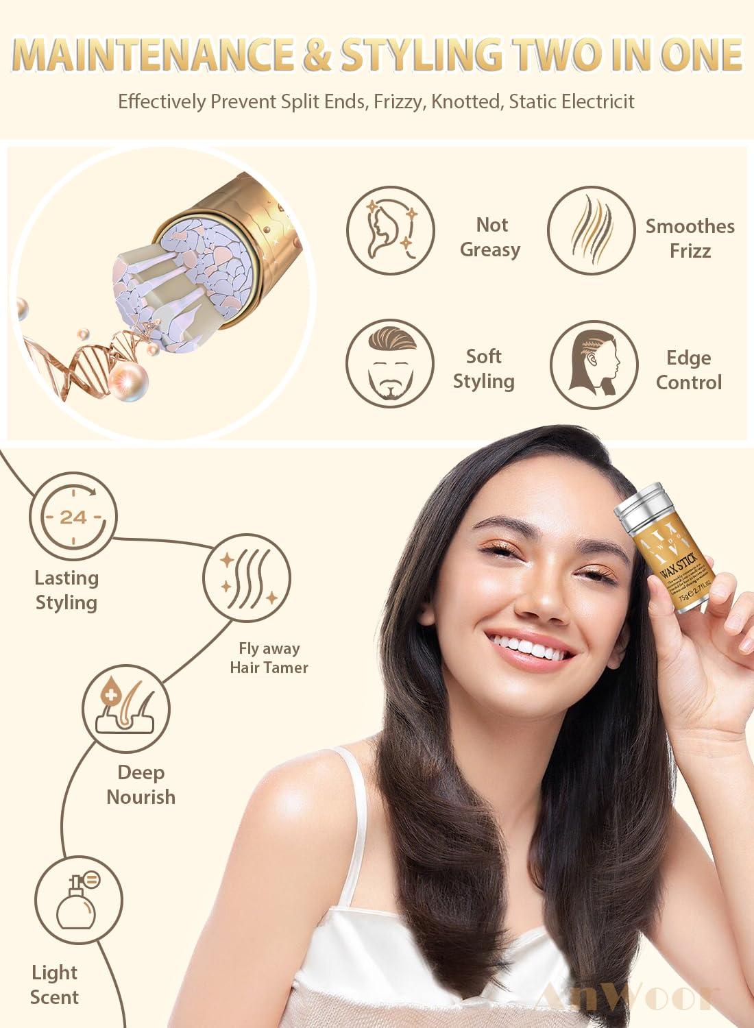 AnWoor Hair Wax Stick, 2PCS - Wax Stick For Hair Slick Back Stick For Hair Fly Away & Edge Frizz, Easy to Absorb & No White Chips & No-Greasy & Frizz Hair