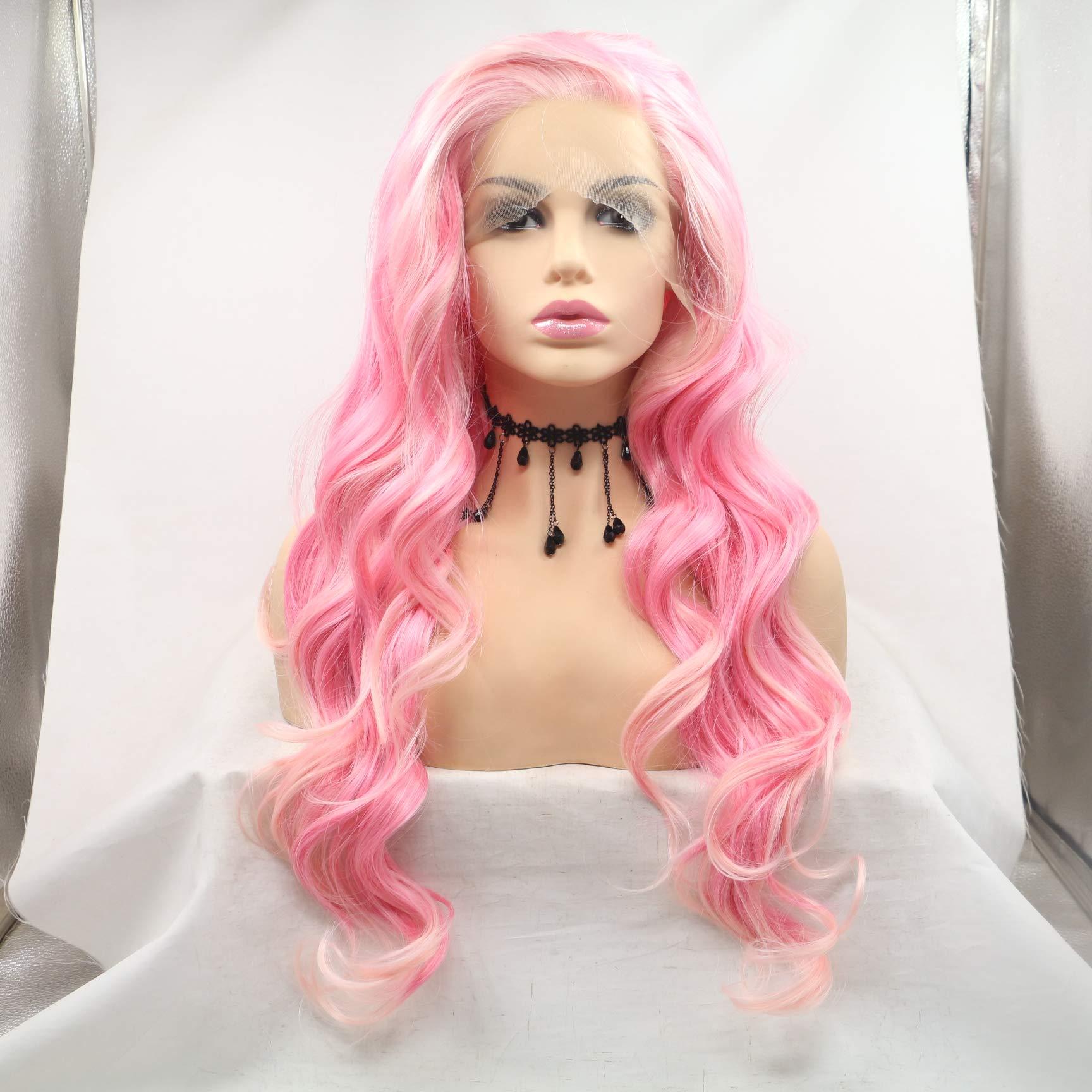 Karissa Hair Pink Blonde Lace Front Pink Wigs for Women Girls Soft Pink Long Loose Wave Handmade Realistis Wig Half Hand Tied Glueless Synthetic Heat Resistant Hair Light Pink Cosplay Party Daily 24inches