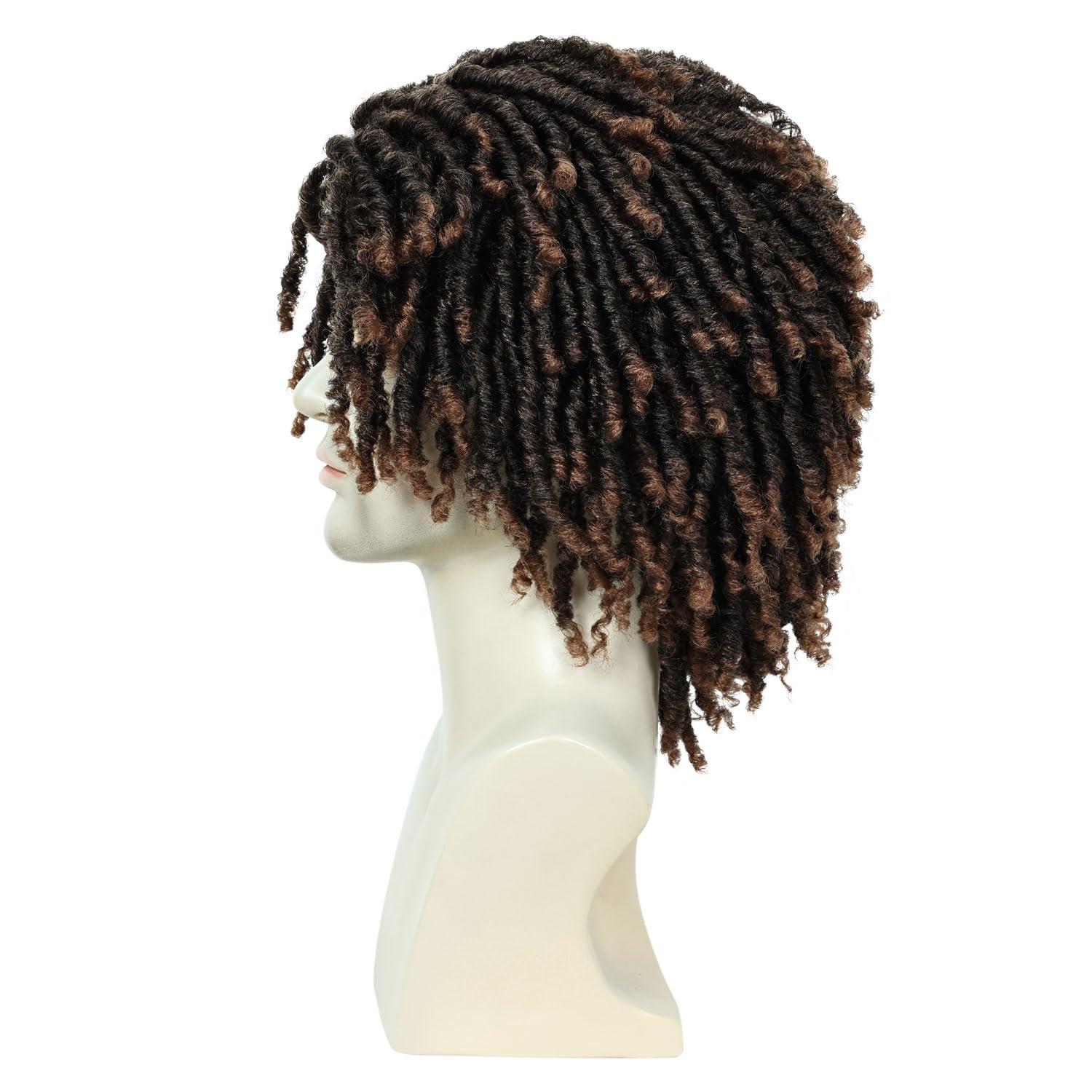 QUEENTAS QUEENTAS Dreadlock Wigs for Women and Men Short Curly Big Afro Braided Wigs Faux Locs Twist Braiding Synthetic Wigs (Black/Brown)