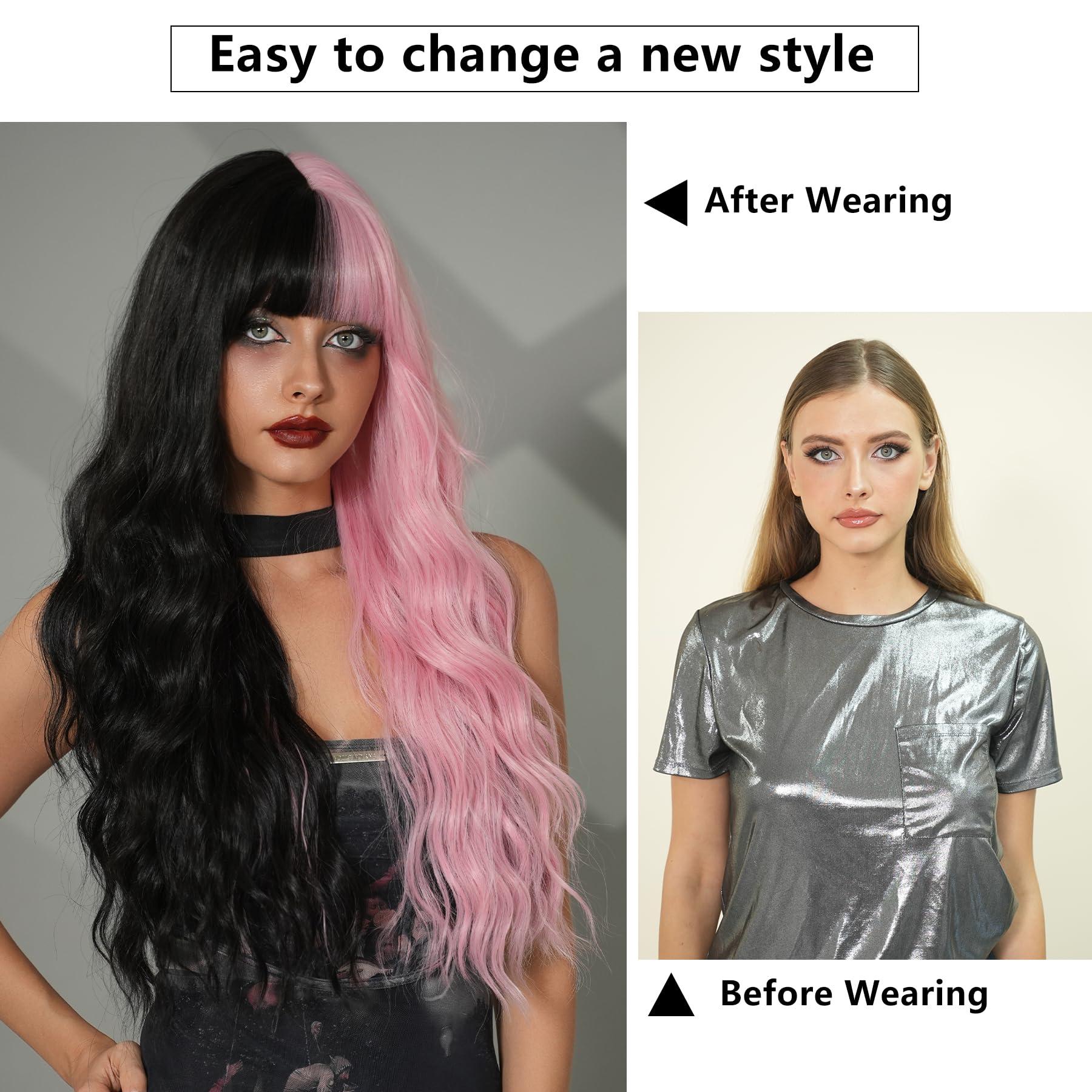 7JHH WIGS 7JHH WIGS 31in Half Black Half Pink Long Loose Wavy Wigs with Bangs Natural Heat Resistant Synthetic Fiber Highlight Ombre Curly Wave Black Pink Women Wigs for Chrismas Daily Party Daily Used