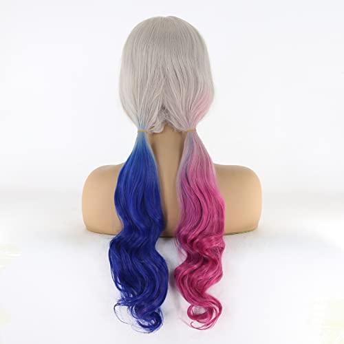 BTWTRY BTWTRY Harley Quinn Cosplay Synthetic Lace Front Wig for White Women Natural Glueless Heat Resistant Fiber Hair Long Wavy Wigs (24inch, Harley Quinn)