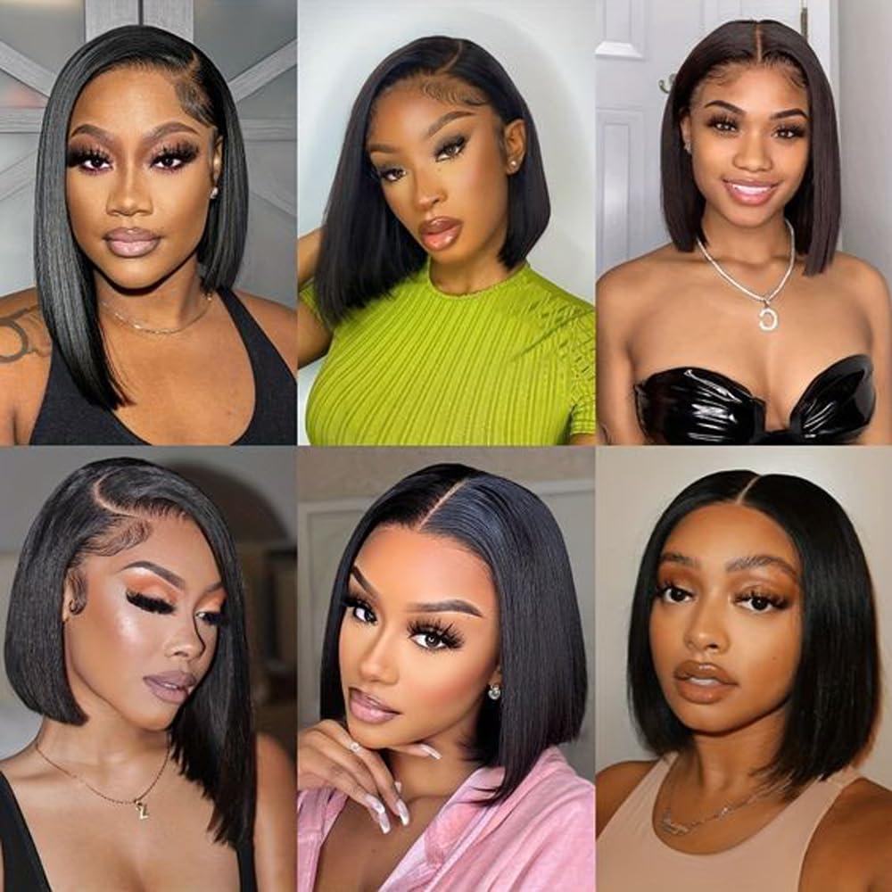 Hoscod Straight Brazilian Hair 12 inch Natural Black Bob Wig Human Hair 13x4 HD Transparent Lace Front Wigs Human Hair Pre Plucked 180% Density Glueless Short Bob Wig Human Hair Pre Plucked for Black Women.