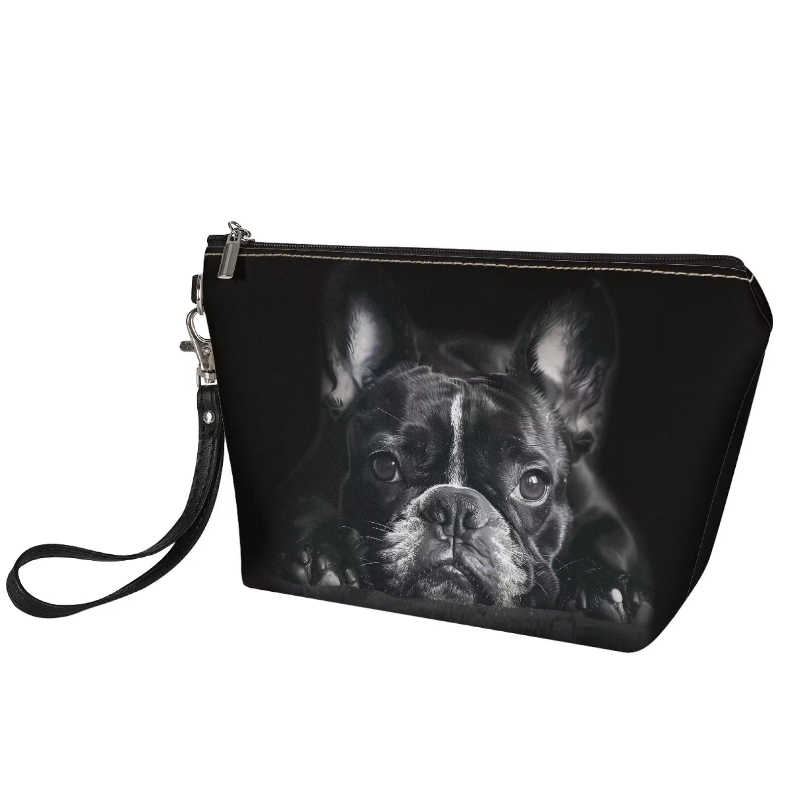 HUGS IDEA HUGS IDEA Black French Bulldog Print Leather Makeup Bag for Purse Makeup Pouch with Zipper Cute Toiletry Storage Bag Small Pouch Gift