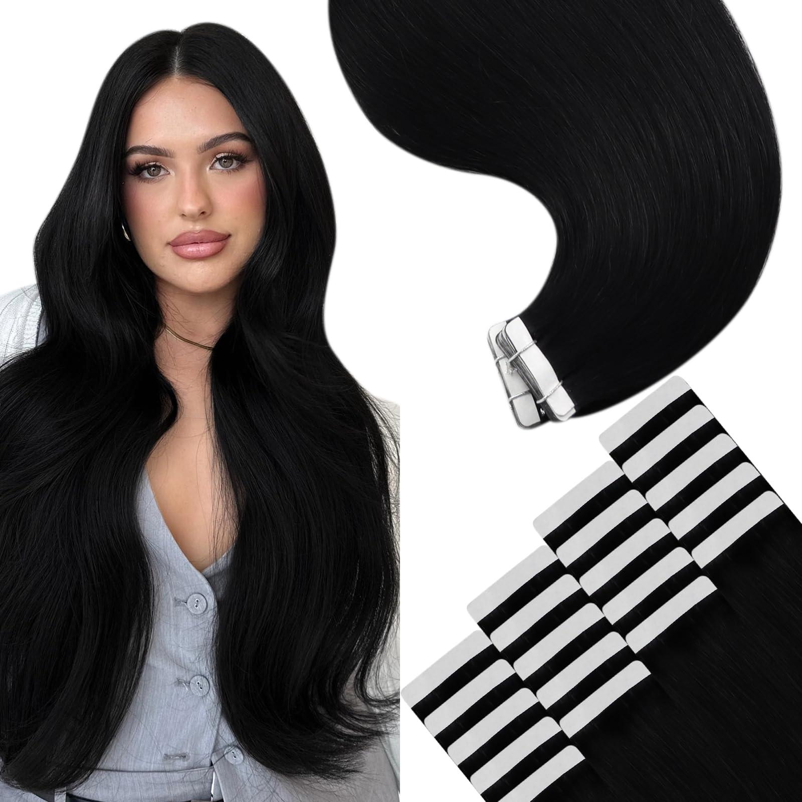 YoungSee YoungSee Black Tape in Hair Extensions Real Human Hair 14Inch Invisible Tape in Hair Extensions Human Hair Jet Black 50g Tape Extensions Human Hair Black for Women 20pcs Easy to Apply Hair Extensions