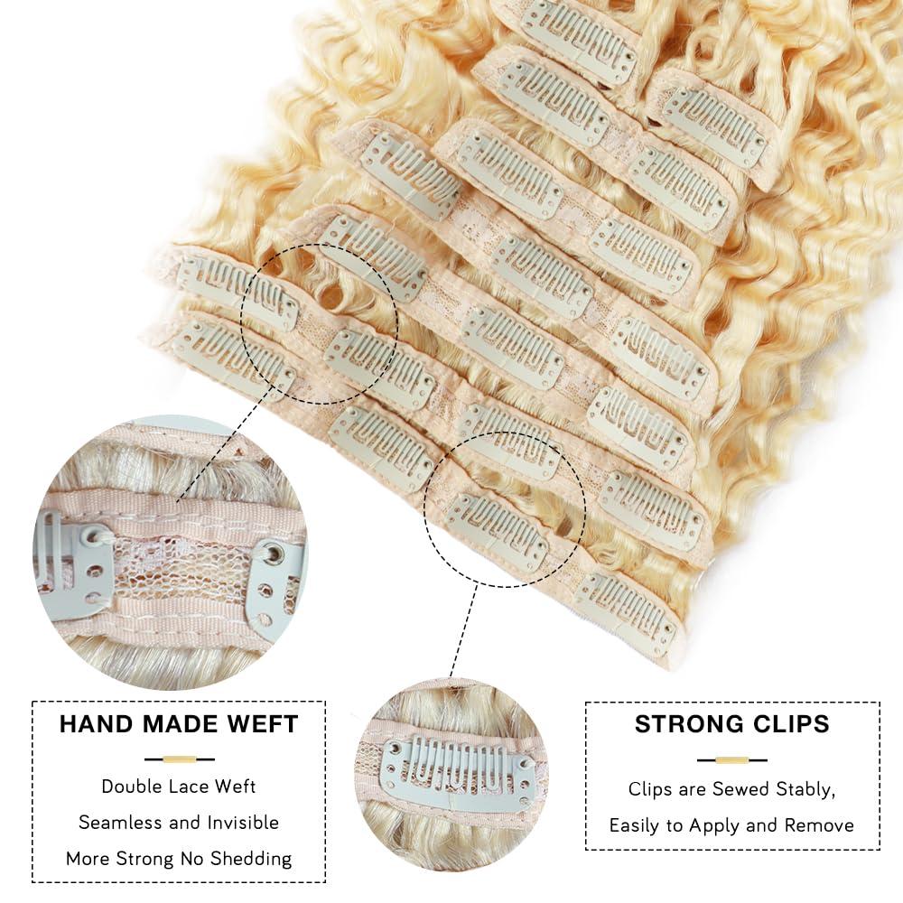 CYIKLI CYIKLI Blonde 24 Inch Curly Clip in Human Hair Extensions 613 Deep Wave Seamless Clip in Hair Extensions Thick Real Human Hair Clip ins Blonde Curly Hair Extensions for Women 100-140g/set