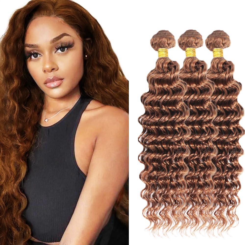 DiexrLamx Auburn Bundles Human Hair Brown Bundles Human Hair Bundles Color #30 Brazilain Unprocess Brown Deep Wave Bundles Remy Human Hair Extension 28 28 28 Inch 3 Bundles Color #30 Bundles