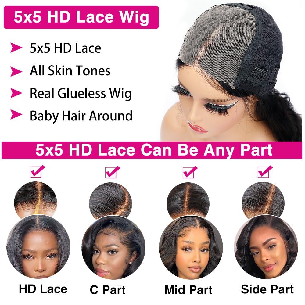 denacfi denacfi 5x5 HD Lace Closure Wigs Human Hair 250% Density Glueless Wigs for Beginners Pre Plucked Pre Cut Body Wave Lace Front Wigs Human Hair Closure Wigs for Women (Natural Black, 14 Inch)