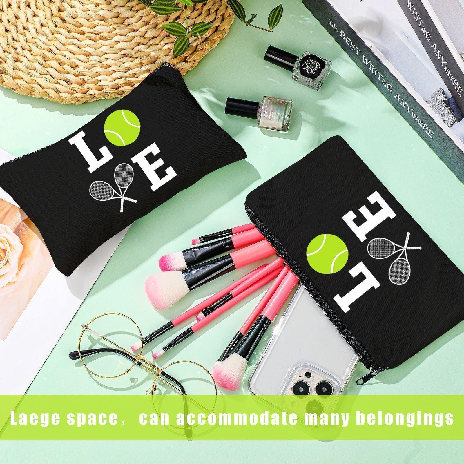 Moukeren 12 Pieces Tennis Makeup Bag Cosmetic Bag with Words Tennis Travel Storage Bags Portable Storage Case Toiletry Bag Accessories with Zippers for Tennis Players Teams Women Girls (Black)