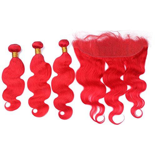 Generic Brazilian Virgin Hair Weaves With Frontal Closure Ruby Red Body Wave Hair Wefts With Lace Frontal Bleached Knot 13x4 Frontal With Body Wave Red Colored 3Bundles Extensions (18 18 18+16 inch closure)