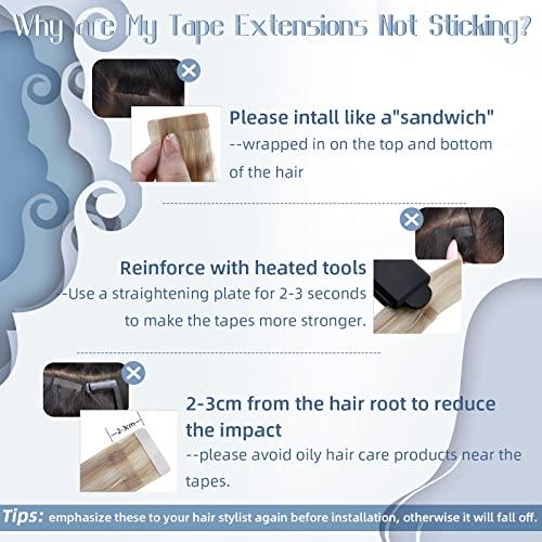 Hetto Hetto Tape in Hair Extensions Blonde Tape in Human Hair Extensions 18 Inch Pure Blonde Straight Tape on Hair Extension #60 Platinum Blonde 20Pcs 50g Skin Weft Tape