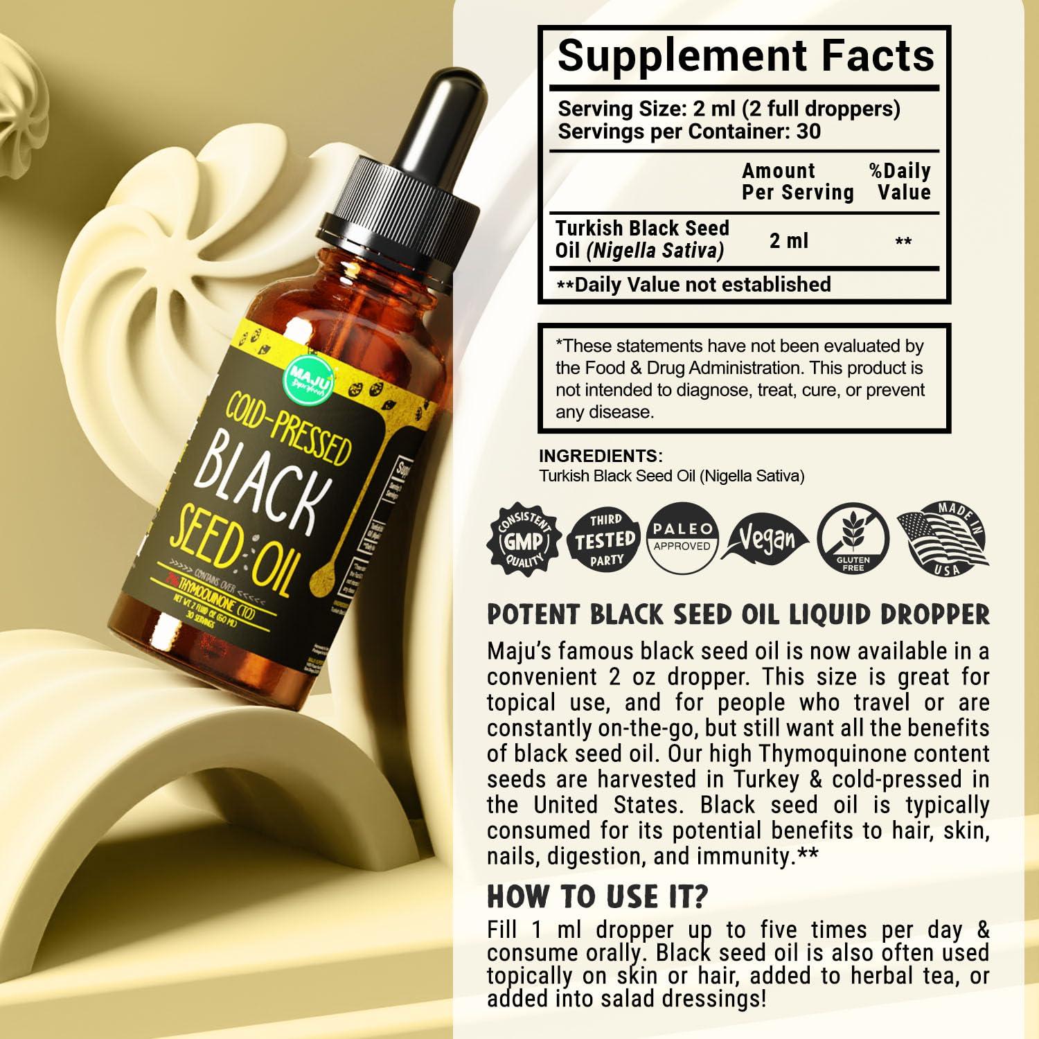 Maju Superfoods Maju Superfoods Black Seed Oil - 3 Times TQ, Cold-Pressed, Travel Size, 100% Turkish Black Cumin Seed Oil, Liquid Pure Blackseed, Glass Bottle, 2 Oz