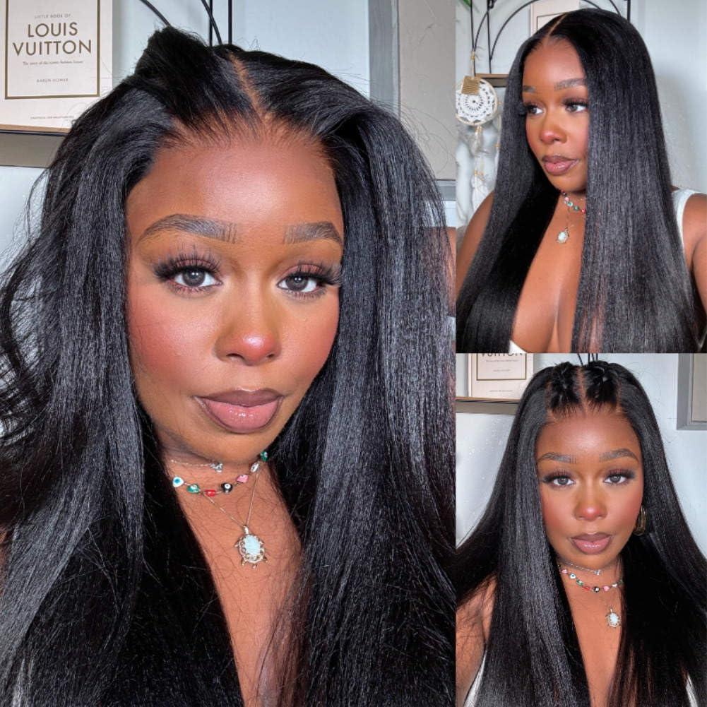 Beauty Forever Beauty Forever 5x5 Thin HD BlendAway Lace Closure Glueless Human Hair Wigs Yaki Straight with Bye Bye Knots Pre Cut Pre Plucked Front Wig Bleached Knots Match All Skin Tones 180% Density 22inch