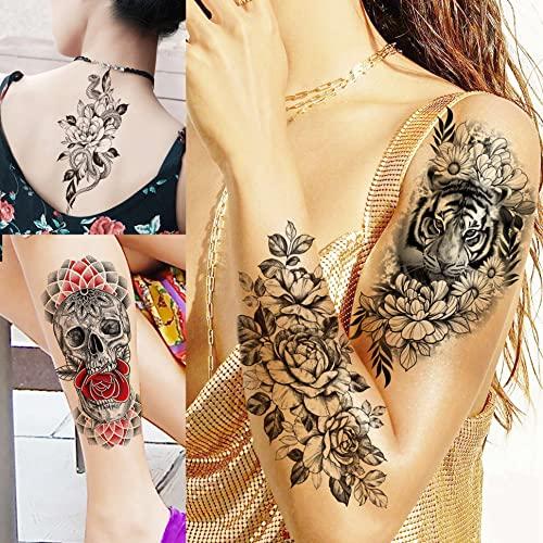 Yezunir Yezunir 66 Sheets 3D Owl Tiger Flower Temporary Tattoos For Women Girls Arm Sleeve Thigh, Large Skull Lotus Snake Peony Rose Floral Temp Tattoo Sticker Adult, Fake Tattoos That Look Real and Last Long
