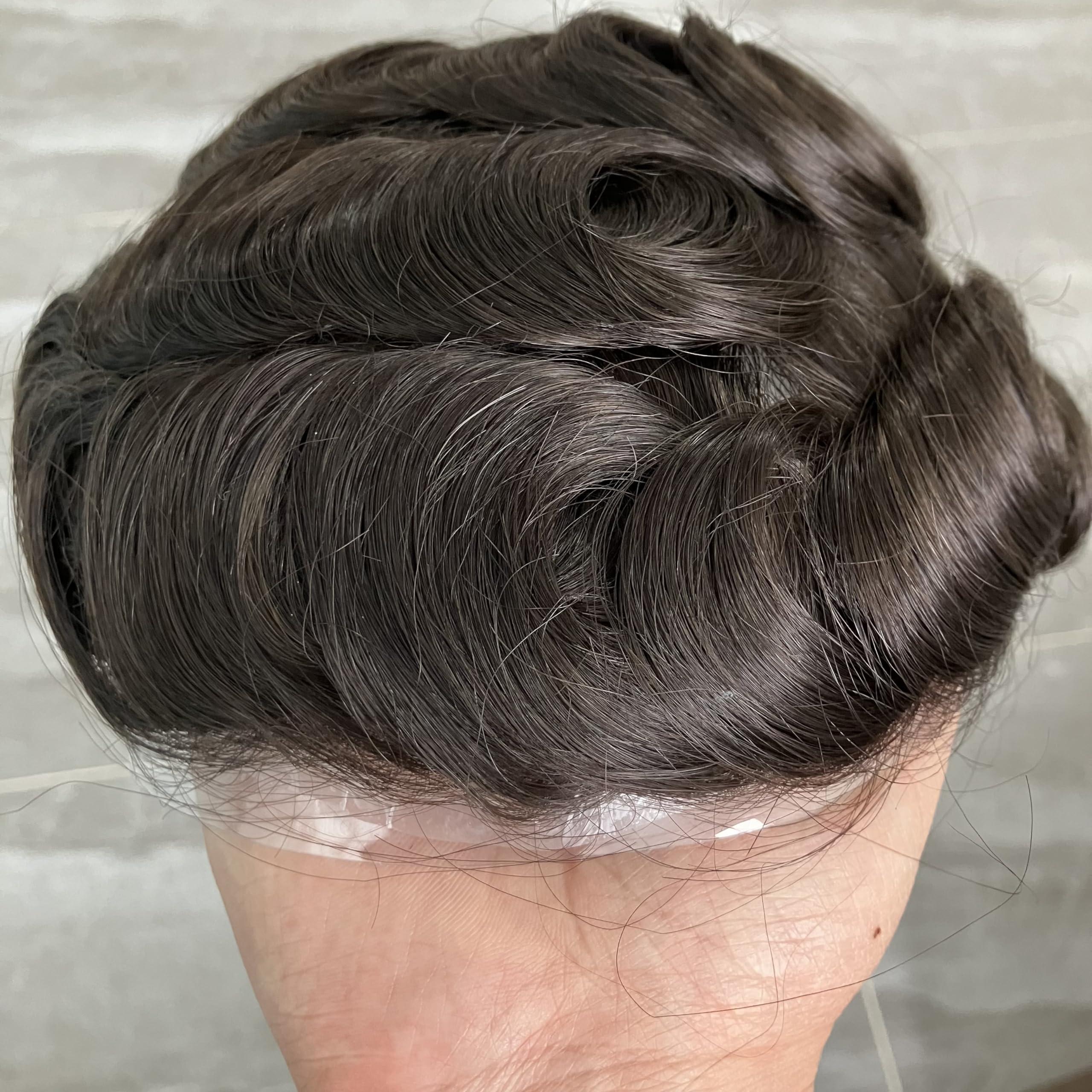 Eversilky Eversilky Super Ultra Thin Skin 0.02mm Full Skin Human Hair Men\'s Toupee Undetected Natural Hairline Prosthesis Capillary V Loop System (#2, dark brown, 0.03mm pu)