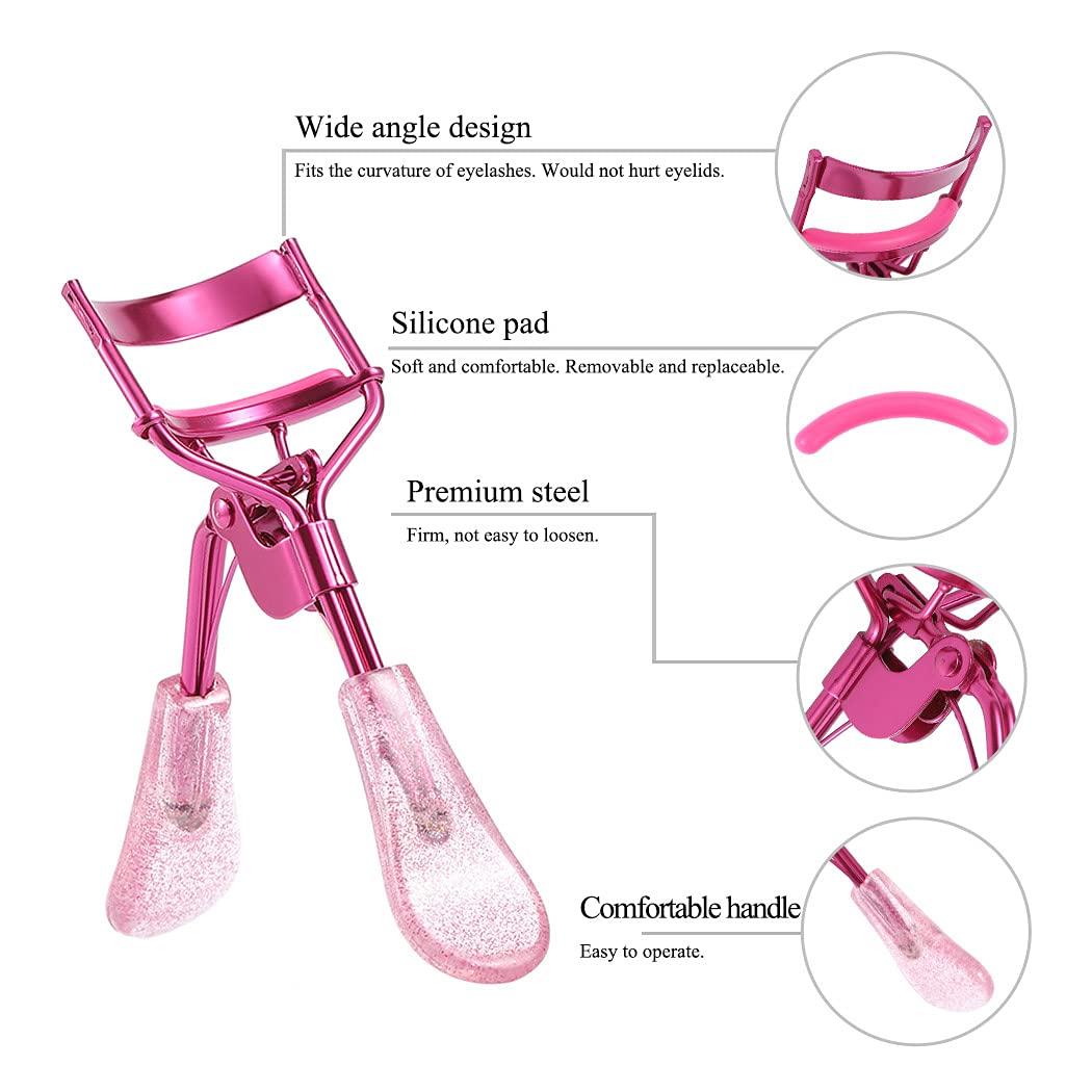 Uranian Uranian Eyelash Curlers Pink Lash Curler with 2 Silicone Refill Pads Glitter Handle Eye Lashes Curler Eyelashes Tool for Women and Girls (Pink)