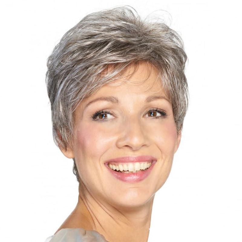 DKE&YMQ Gray Wigs for Women, Not Easy To Deform Temperament Women\'s Gray Short Wig with Bangs,Puffy Natural Shape Gray Short Curly Wig Is Suitable for Middle-aged and Elderly Women\'s Daily Use of Wigs