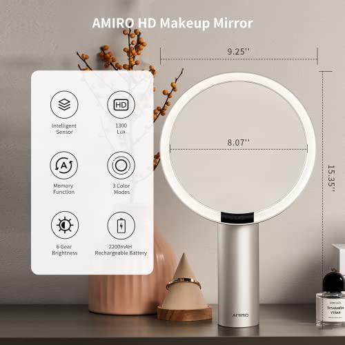 AMIRO AMIRO 9\" Lighted Makeup Mirror with Smart Sensor & Touch-Control, 3 Colors & 6 Brightness, Rechargeable & Cordless, Memory Function, Free Rotation, Gift for Woman - White