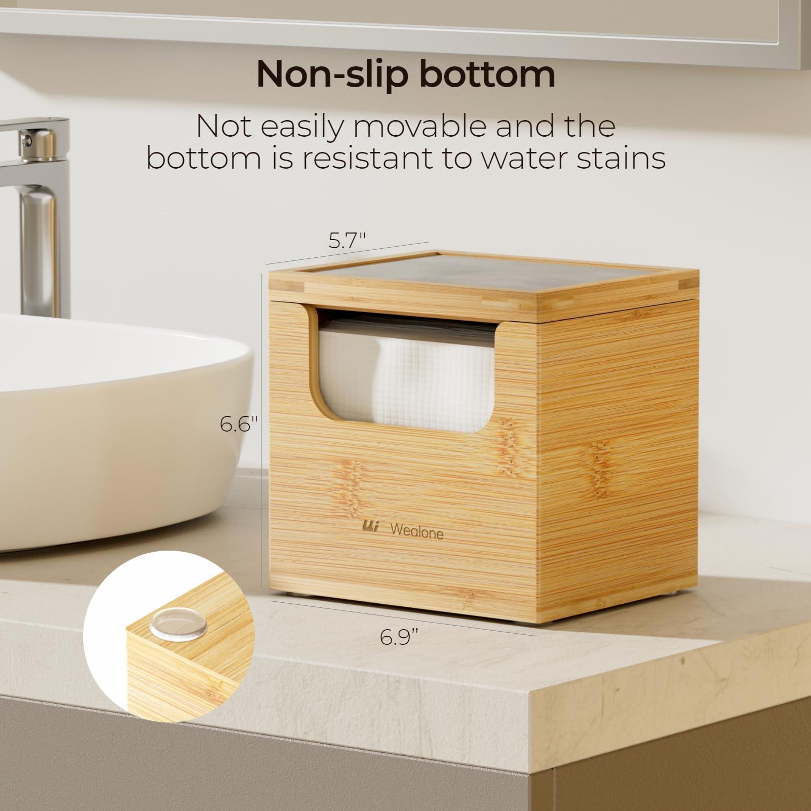 Wealone Wealone Bamboo Storage Box with Quick Dry Stone, Include 50 PCS Disposable Face Towelettes XL, Front-opening Face Towel Holder, Face Cloths for Washing, Disposable Makeup Remover Dry Wipes Container