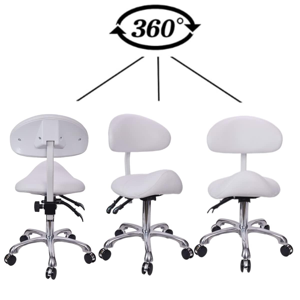 MWOSEN MWOSEN Saddle Stool Chair with Back Rolling Esthetician Seat for Salon Tattoo Shop Spa Facial lash Home Dentist Clinic Esthetician Chair(with Back Support, White)