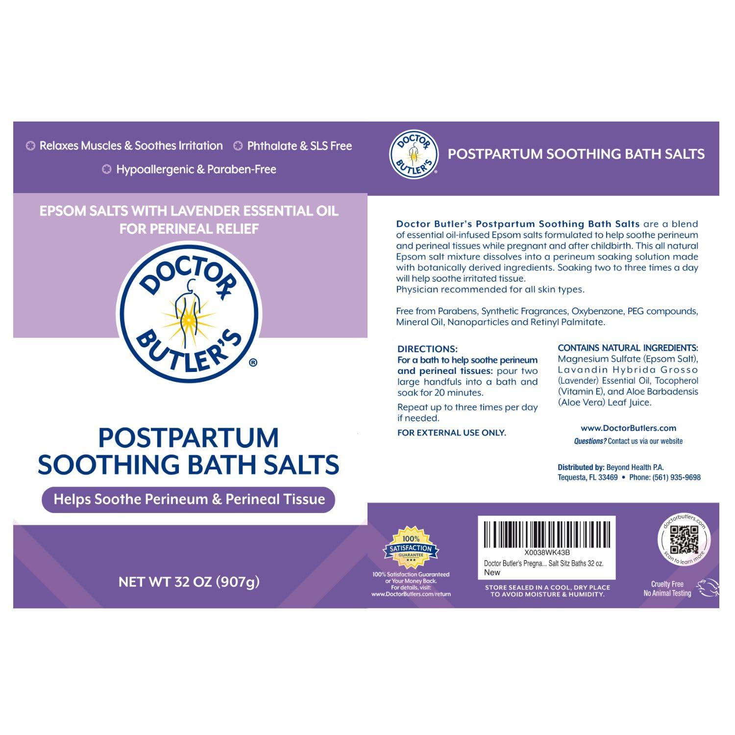 Doctor Butler\'s Doctor Butler\'s Postpartum Soothing Bath Salts Epsom Bath Salts for Women for Postpartum Recovery, Hemorrhoids, Discomfort, and Helps Soothe Perineum and Perineal Tissues After Birth (32 oz.)