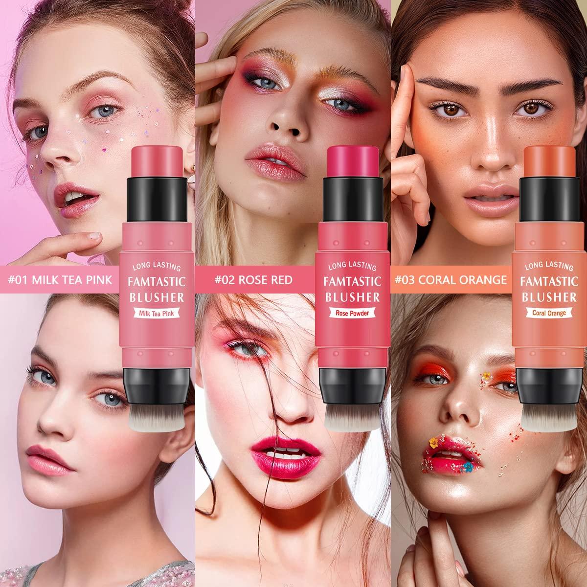 LOKFAR LOKFAR Cream Blush Stick for Cheeks Blush Makeup - 2 in 1 Multi Stick Blush for Cheeks Tint & Eyes & Lips, Cheek Makeup Stick Makeup Blush with Brush, Waterproof Creme Blush (#01 Cherry Pink)