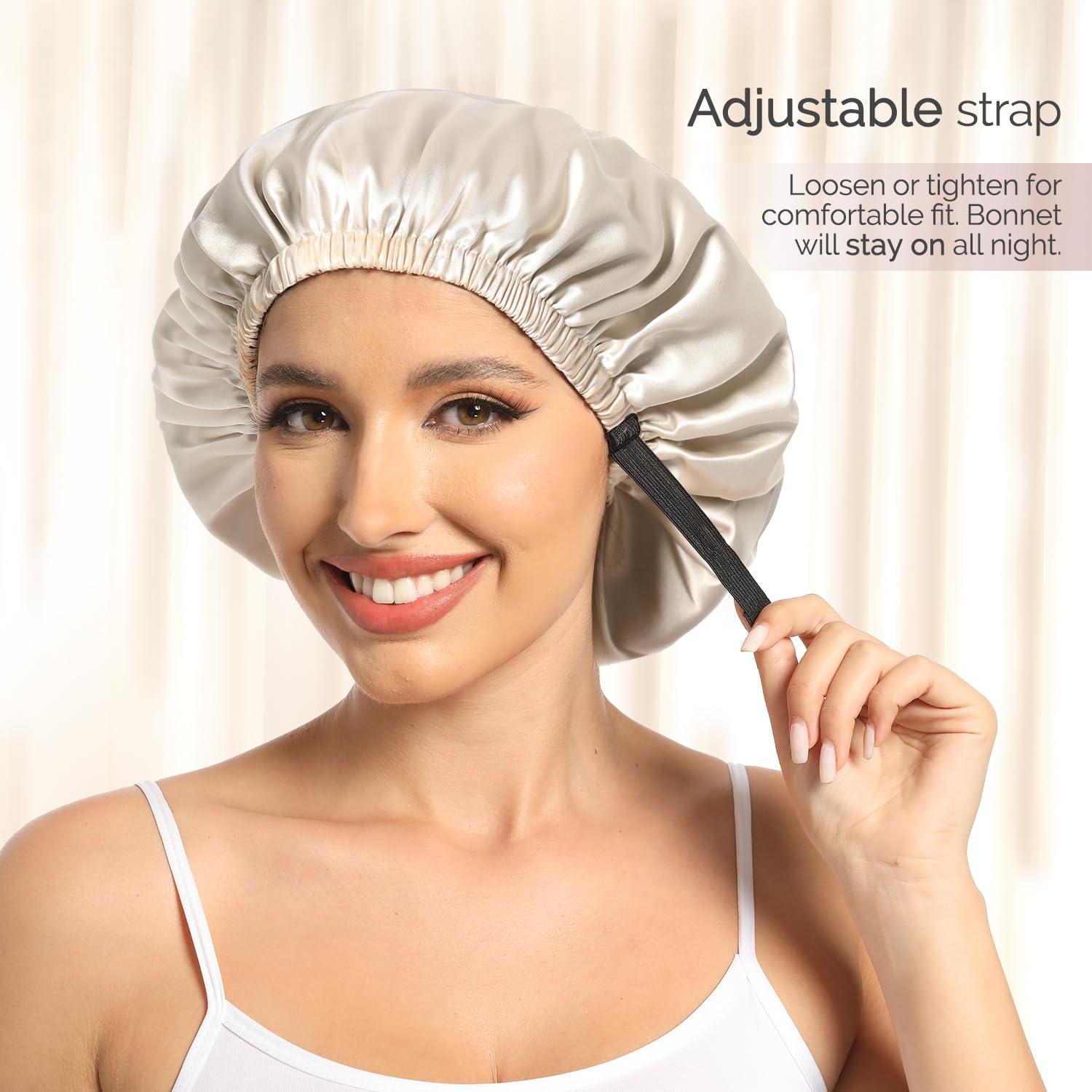 Hat Hut Hat Hut Satin Bonnet Silk Bonnet for Sleeping Hair Bonnet for Sleeping Cap for Curly Hair Wrap Reversible Satin Bonnet (Champagne/Black)