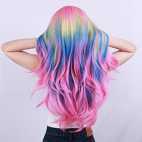 BERON BERON Rainbow Wig Long Wave Wig Colorful Wigs Long Wigs Multi Color Wigs for Women Synthetic Wig for Daily Party Wig Cap Include