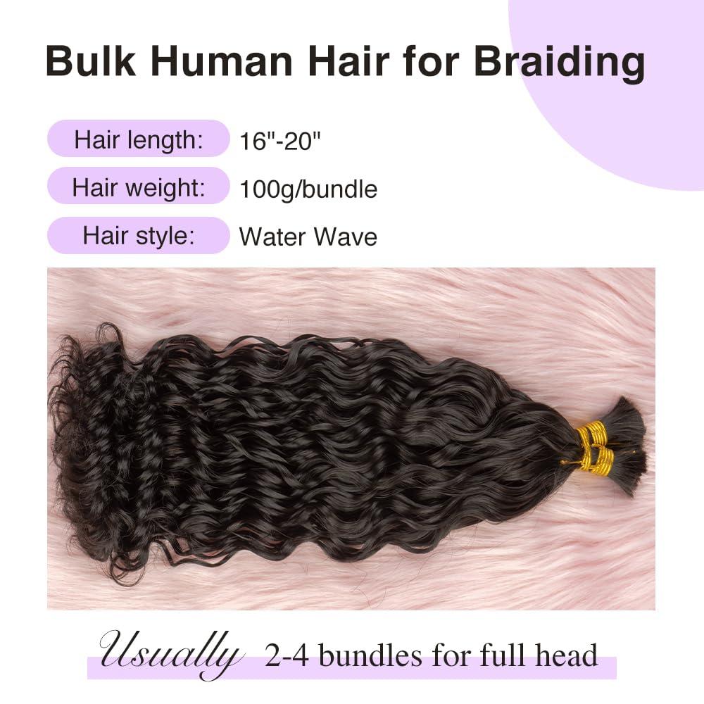 CurlyPark Water Wave Bulk Human Hair for Braiding Double Drawn Natural Color Curly Human Braiding Hair for Boho Braids Bohemian 100grams (20 Inches, Water Wave)