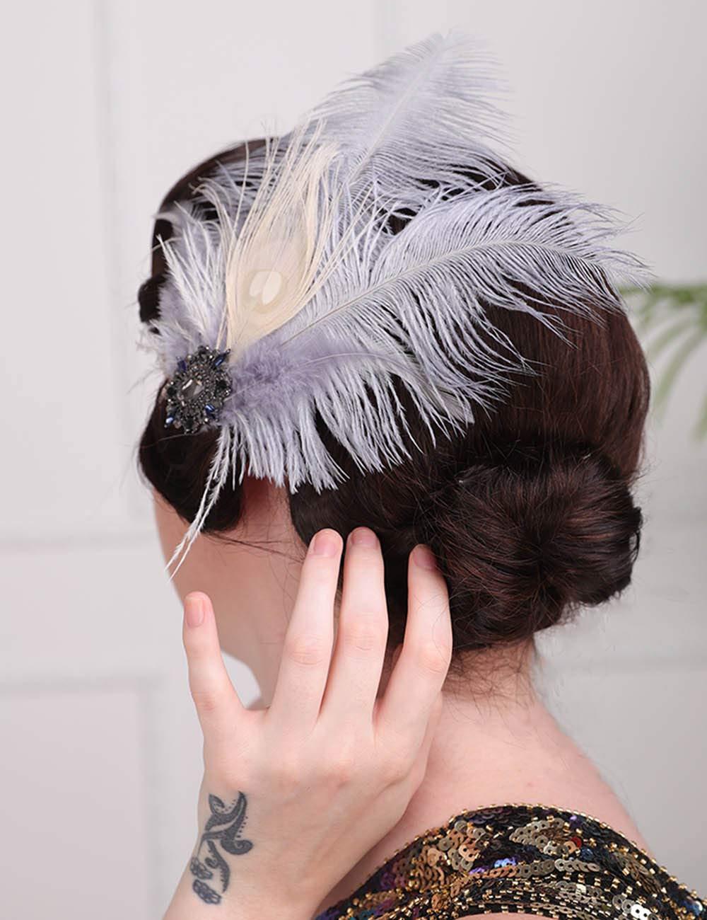 Aimimier Aimimier 1920s Flapper Feather Headband Gray Crystal Tassel Head Chain Headpiece Prom Party Hair Jewelry for Women(Style 2)