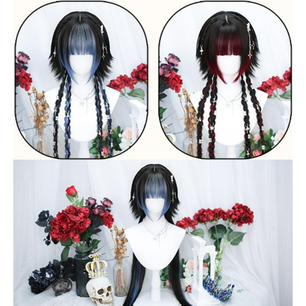 SCORRO Hime Cut Long Straight Black Layered Hair Lolita Bob Wig Hair with Bangs, Pre-styled Jellyfish Braided Hair Wig for Women Girls, Party Wig Halloween Daily Wigs (braided Styling,natural Black)