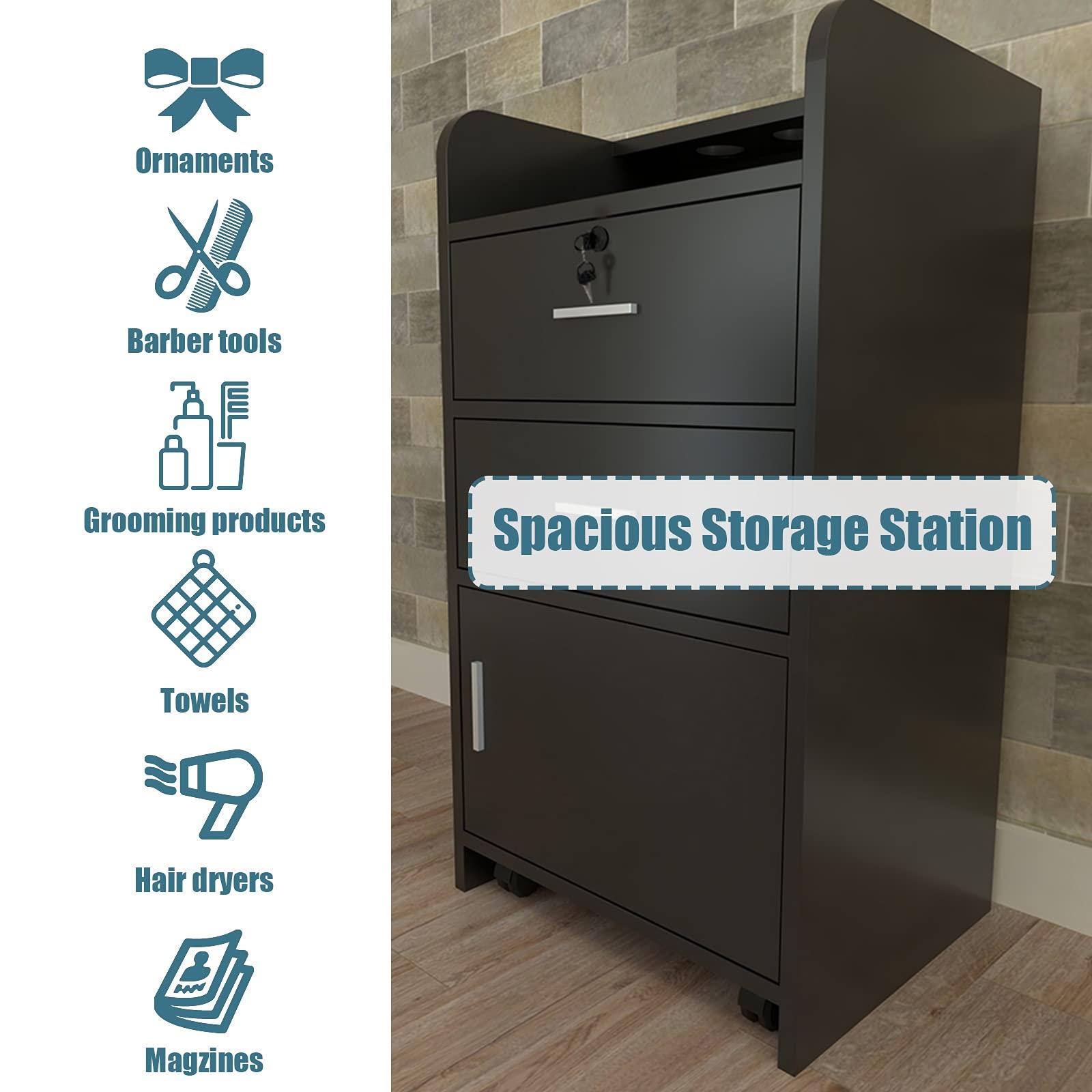 Goujxcy Goujxcy Barber Salon Station for Hair Stylist, Black Salon Barber Storage Cabinet Hair Station, Space-saving Salon Cabinets, Salon Beauty Equipment with 2 Drawers,1 Door,3 Hair Dryer