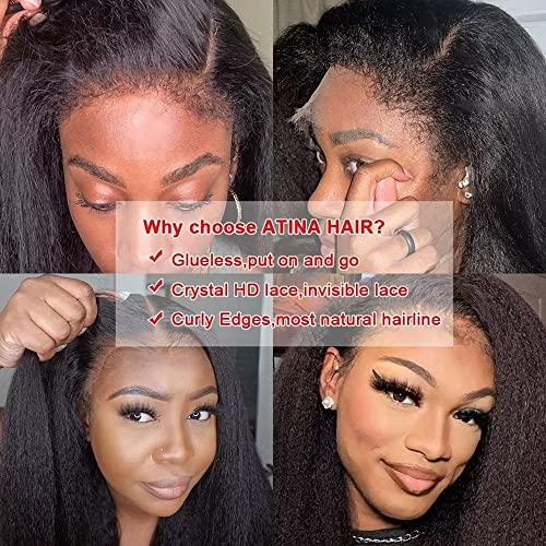 QUINLUX WIGS Curly Baby Hair Kinky Straight Wig 360 HD Invisible Lace Frontal Human Hair Wig Pre Plucked Bleached Knots Kinky Edges Yaki Transparent HD 360 Lace Front Wig Brazilian Full End Glueless Wig 26 inch