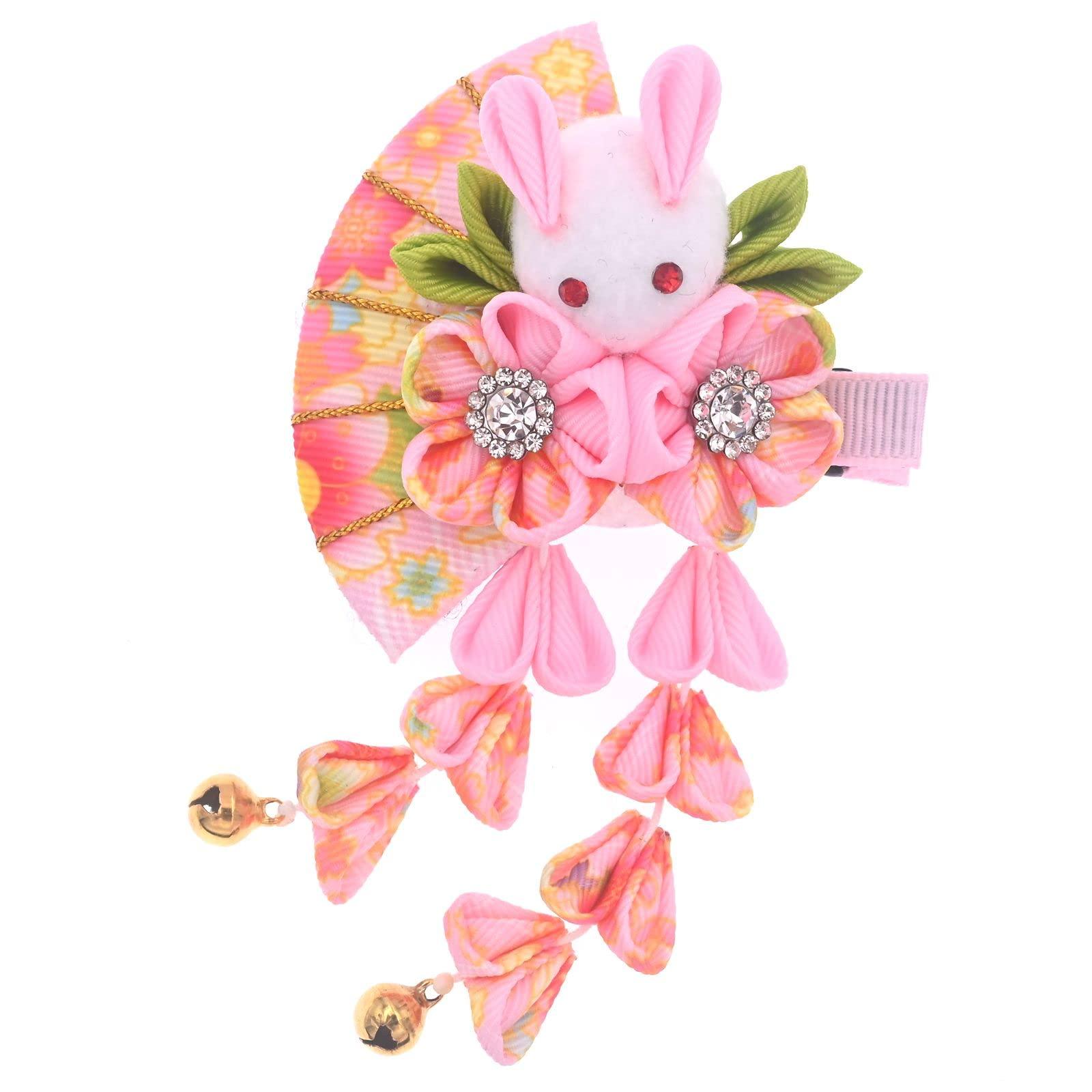 MIAO WU Japanese Hair Clips Kimono Flower HairPin, Women Girls Kimono Hanfu Rabbit Hair Accessories Kanzashi Flower Hair Tie Band Clip Gift (Pink)