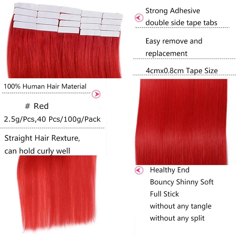 Kiss darling LASHES Tape in Hair Extensions Red Human Hair Silky Straight 24 Inch Colored Tape in Red Hair Extensions Real Human Hair Highlight Straight PU Tape in Human Hair Extensions