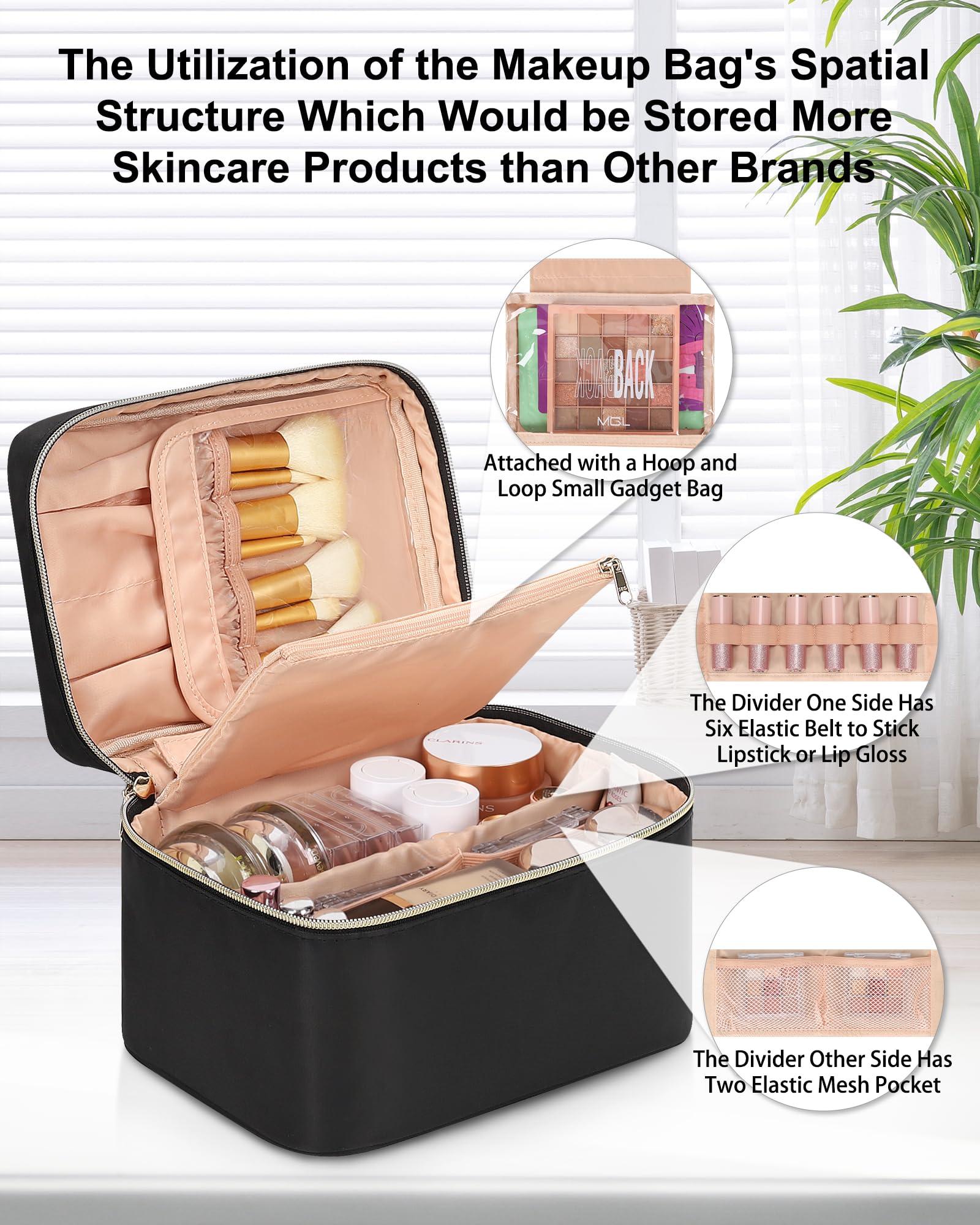 MONSTINA MONSTINA Makeup Bag with Detachable Small Gadget Bag,Large Capacity Portable Cosmetic Organizer,Waterproof Travel Toiletry Bag with Divider for Lipstick,Gifts for Girls and Women,Black Large