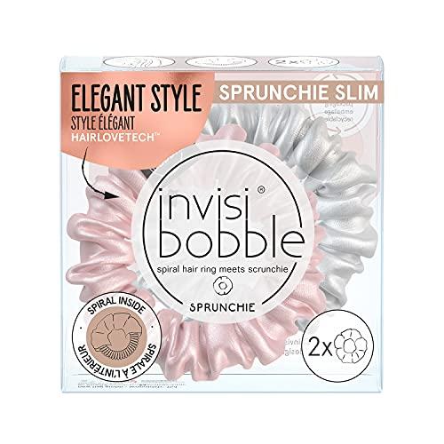 invisibobble Invisibobble Pink and silver satin hair scrunchies x2 Sprunchie Slim - Scrunchie hair elastic with a spiral elastic inside satin,IB-SPSL-HP10002