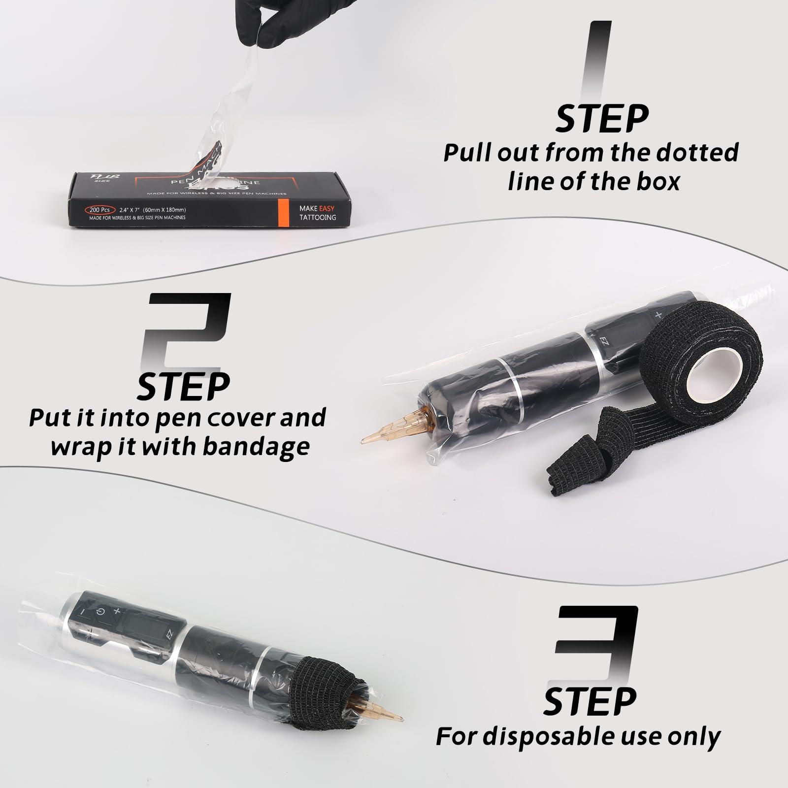 EZTAT2 EZ Tattoo Machine Covers with Grip Tapes - 9PCS (1inch x 5 Yard) Tattoo Grip Wrap with 200pcs (2.4 inch X 7 inch) Disposable Tattoo Pen Machine Covers Tattoo Supplies