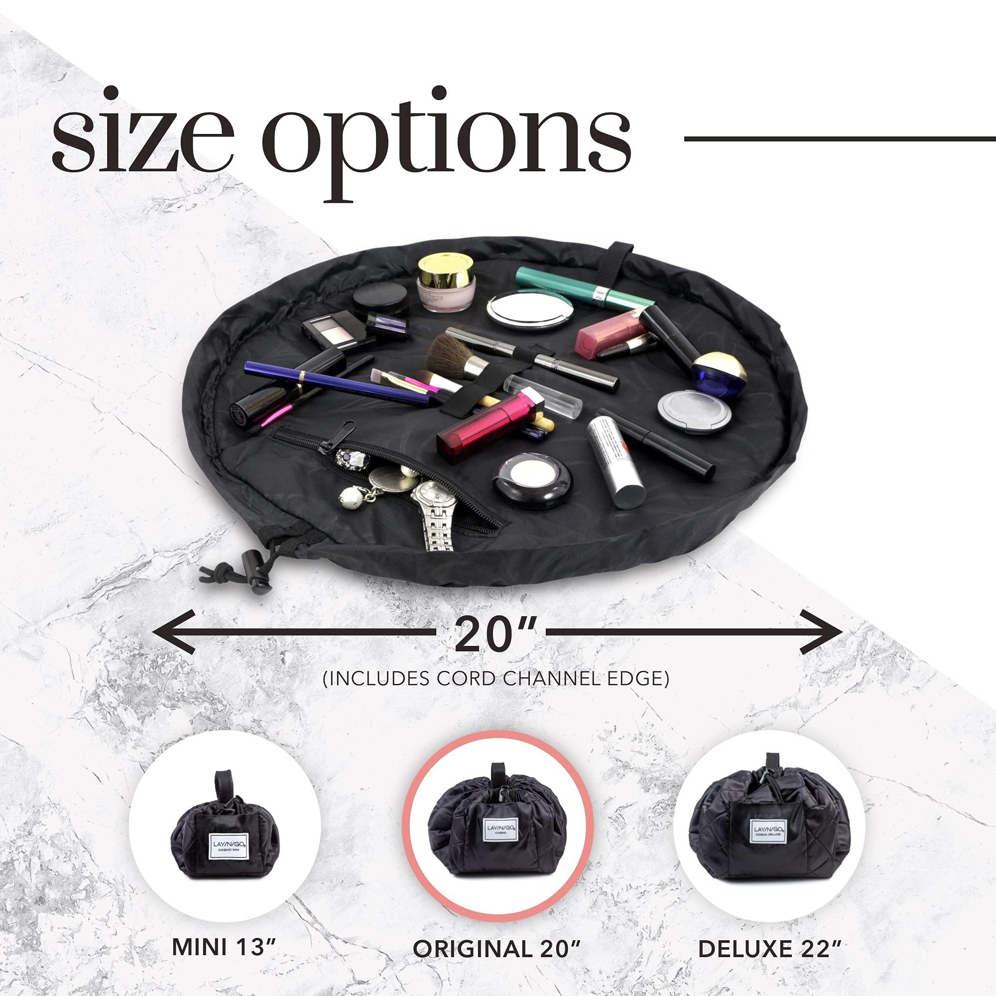 Lay-n-Go Lay-n-Go Cosmo Drawstring Cosmetic & Makeup Bag Organizer - Portable Drawstring Makeup Bag w/Zipper Pocket, Makeup Loops & More - Durable, Machine Washable Makeup Bag for Travel (20, Lips/Black)