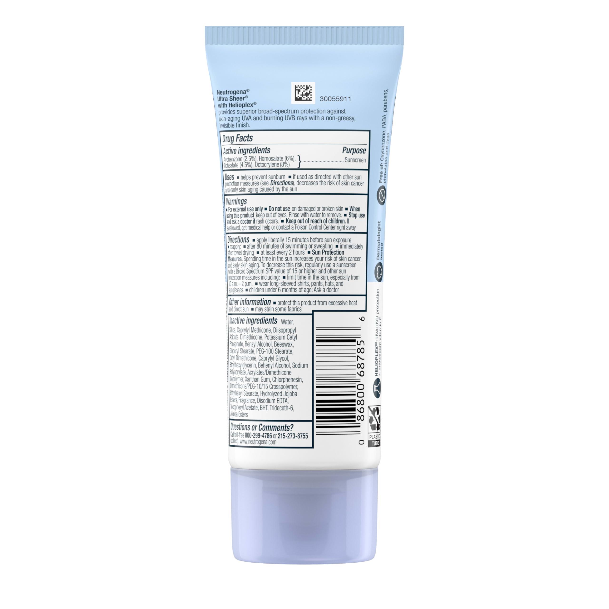 Neutrogena Neutrogena Ultra Sheer Dry-Touch Sunscreen Lotion, Broad Spectrum SPF 30 UVA/UVB Protection, Oxybenzone-Free, Light, Water Resistant, Non-Comedogenic ; Non-Greasy, Travel Size, 3 fl. oz