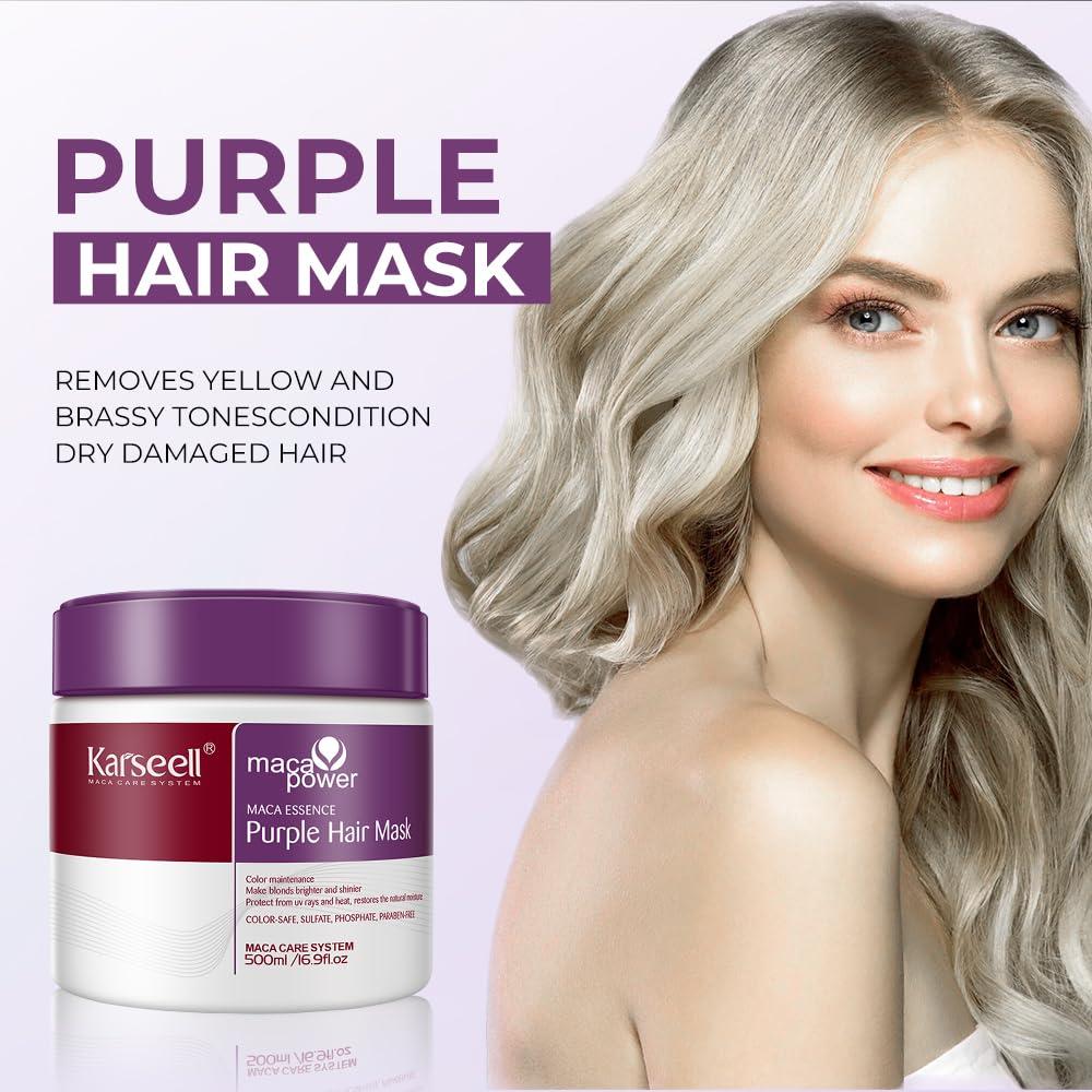 Karseell Karseell maca power Purple Hair Mask Professional Neutralizes Brass & Yellow Tones For Blonde Silver Gray Highlighted Hair 16.90 oz 500ml