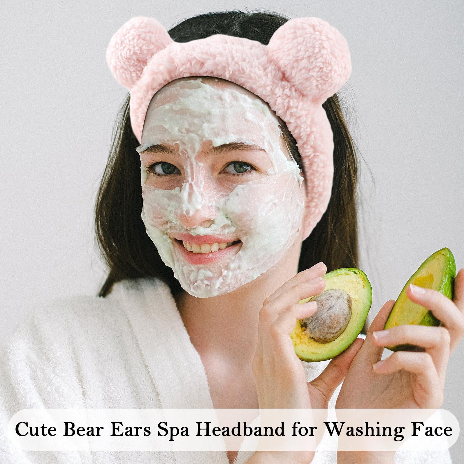 Ondder Ondder 2 Pcs Bear Ears Skincare Headbands Cure Makeup Headband Pink Spa Headband for Washing Face White Face Wash Headband Facial Headband Head Band Hair Band for Makeup Cosmetic Spa Party