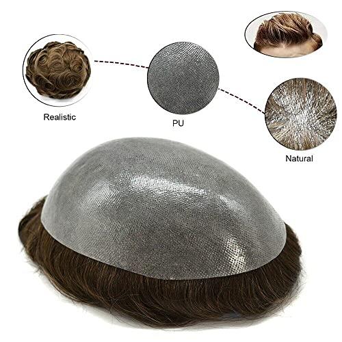 Curve Hair Thin Skin Men's Toupee Real Human Hair Pieces for Men 0.1-0.12mm Medium PU Durable Mens Hair System Full Poly Hair Replacement for Men PAPY (8"x10", 2 Darkest Brown-90% Light Density)
